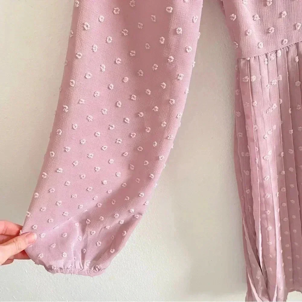 Lulus Poetic Love Mauve Swiss Dot Long Sleeve Pleated Mini Dress - Picture 11 of 13